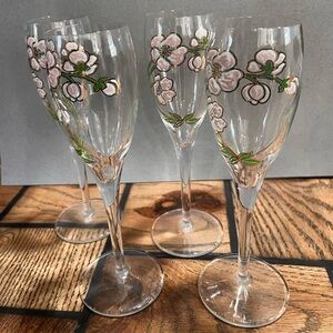 Perrier Jouet Belle Epogue Pink Champagne Flutes Hand-Painted Crystal 4 Pc Set